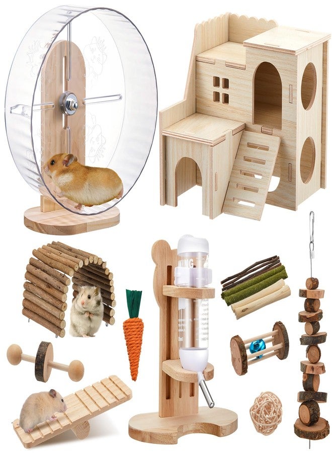 Sonwyoung 18 Pcs Hamster Cage Accessories, Silent Hamster Wheel, 15 Chew Toys Set, Maze Wood House and Water Bottle Set for Rat Mice Small Animals Habitat (Fun Interactive Style) - Image 1